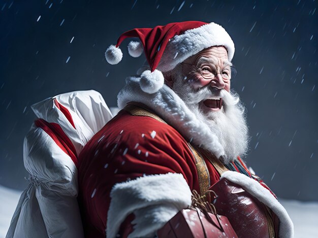 Happy Santa Claus outdoors in snowfall holding gifts for children Generative Ai