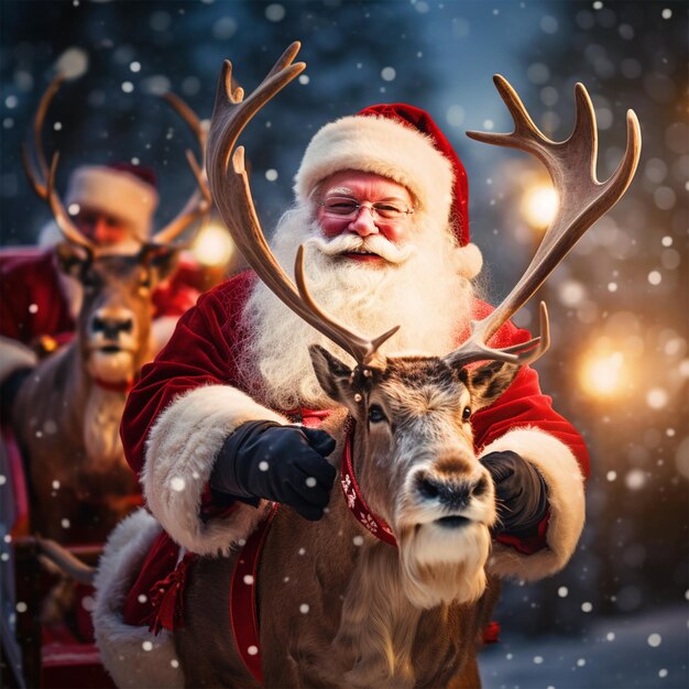 Photo happy santa claus in sleigh with reindeers