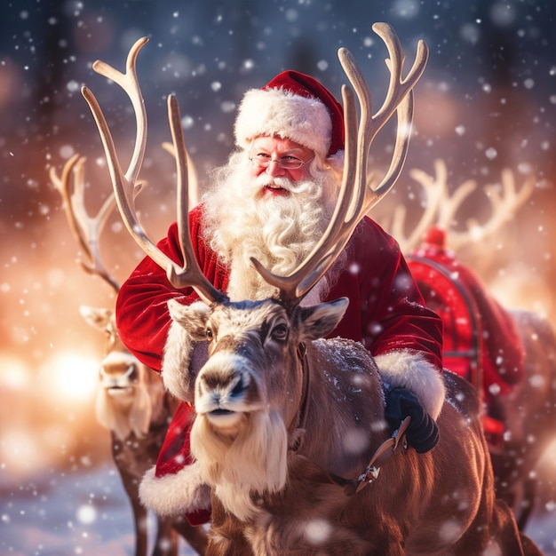 Happy Santa Claus in sleigh with reindeers