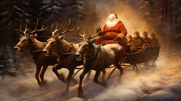 Happy Santa Claus in sleigh with reindeers