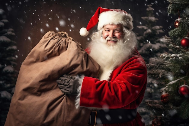 Happy Santa Claus with a big bag of gifts for children on the background of the Christmas tree Merry Christmas New Year's Eve concept Bright image of Santa for advertising and design