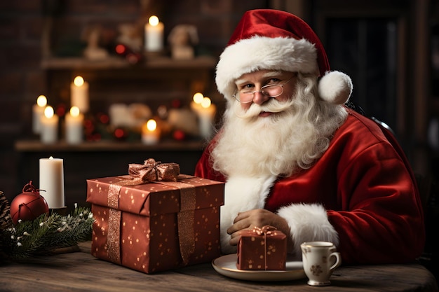어두운 배경에 크리스마스 선물 상자를 들고 있는 행복한 산타클로스