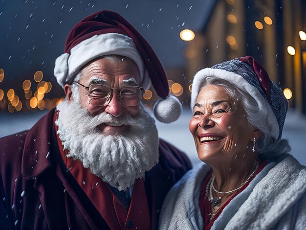 Счастливый Санта-Клаус с миссис Клаус улыбается в камеру на открытом воздухе в снегопаде Рождественский дух Generative Ai