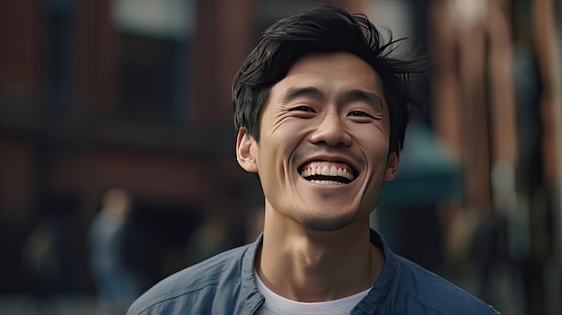 Happy satisfied asian man portrait outside Generative Ai