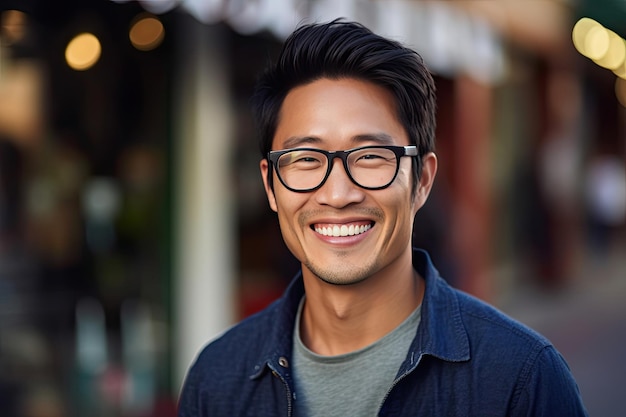 Happy satisfied asian man wearing glasses portrait outside Generative Ai