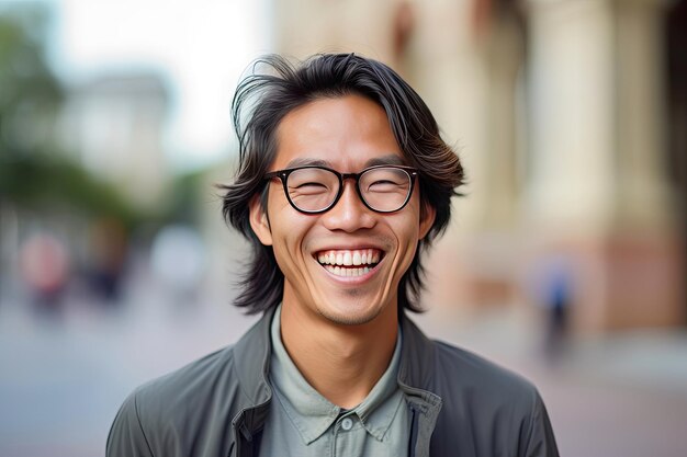 Happy satisfied asian man wearing glasses portrait outside Generative Ai