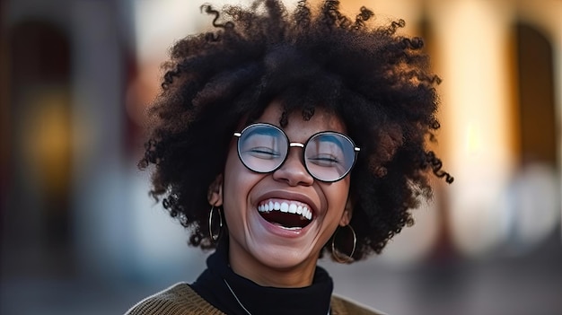 Genererai Ai の外で眼鏡をかけた幸せな満足している黒人の女の子のポートレート