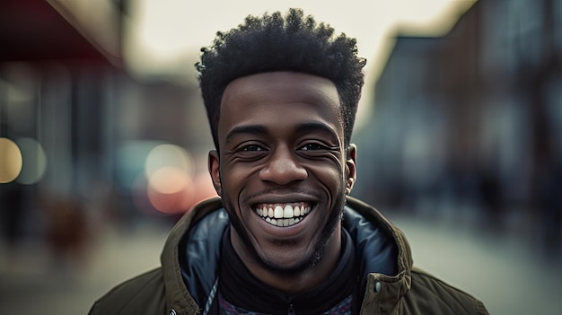 Happy satisfied black people man portrait outside Generative Ai