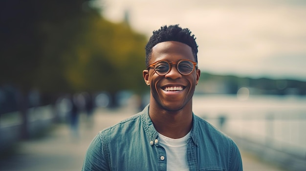 Happy satisfied black people man wearing glasses portrait outside Generative Ai