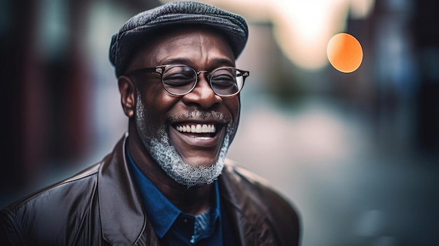 Happy satisfied black people senior man wearing glasses portrait outside Generative Ai