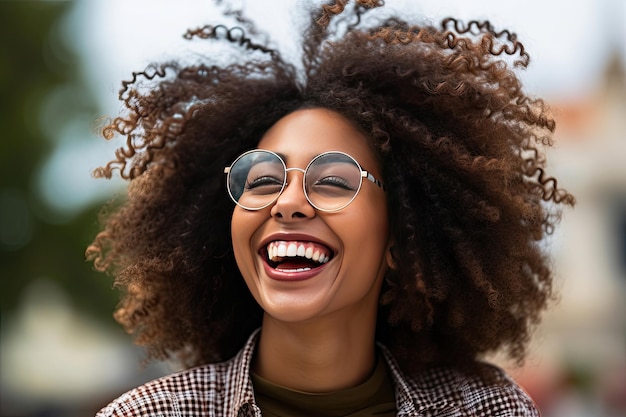 Happy satisfied black people woman wearing glasses portrait outside Generative Ai