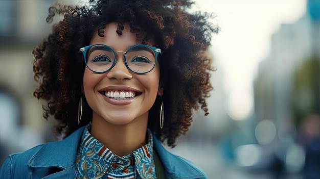 Happy satisfied black people woman wearing glasses portrait outside Generative Ai