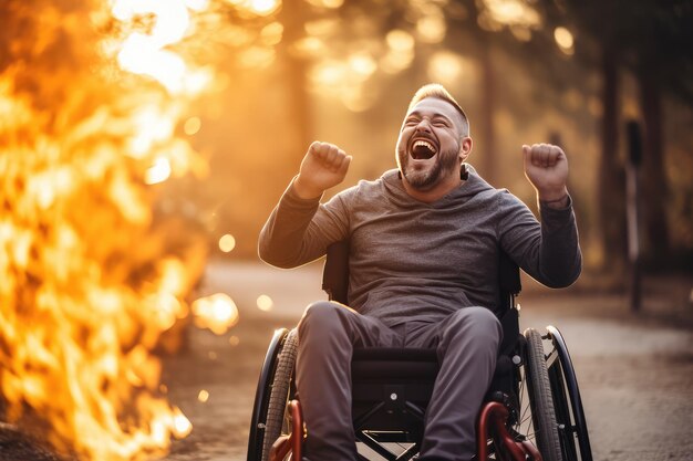 Happy satisfied cheerful disabled adult man in a wheelchair