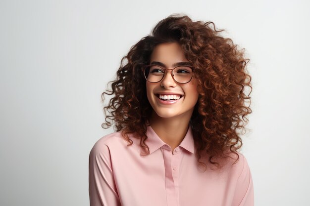 Happy satisfied woman wearing glasses portrait on white background