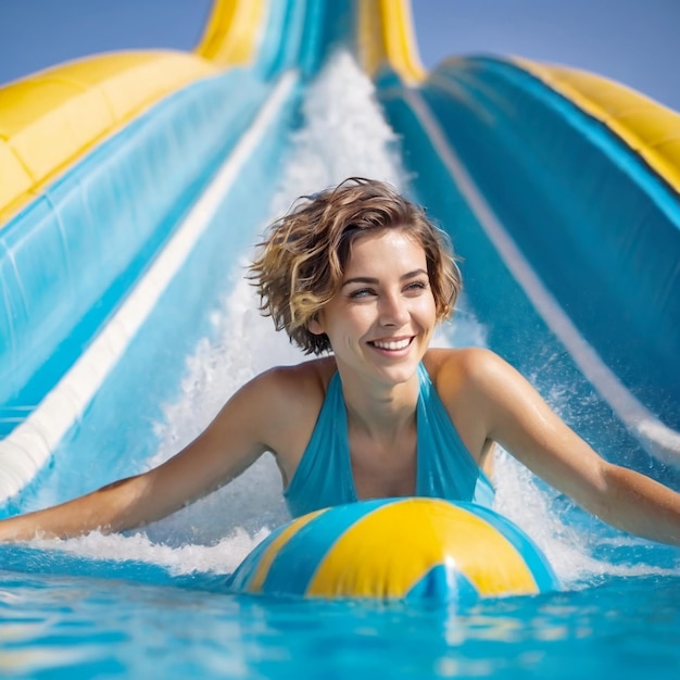 Happy satisfied young woman having fun in an aqua park