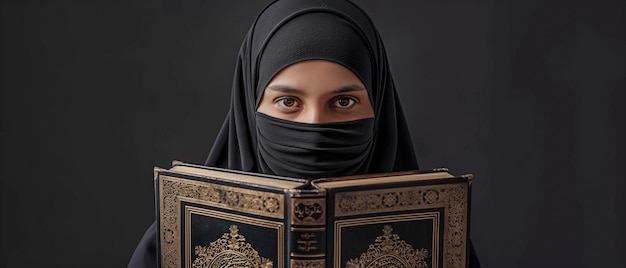 사우디의 행복한 무슬림 여성은 검은색 차도르를 입고 색에 고립된 성 코란의 사본을 들고 있습니다.
