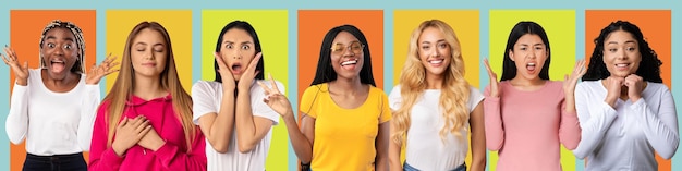 Happy scared angry grateful and confident pretty international young women isolated on yellow and orange backgrounds