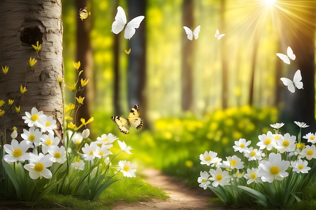 Счастливая сцена прекрасного весеннего дня, когда цветут белые цветы, а бабочки свободно летают.