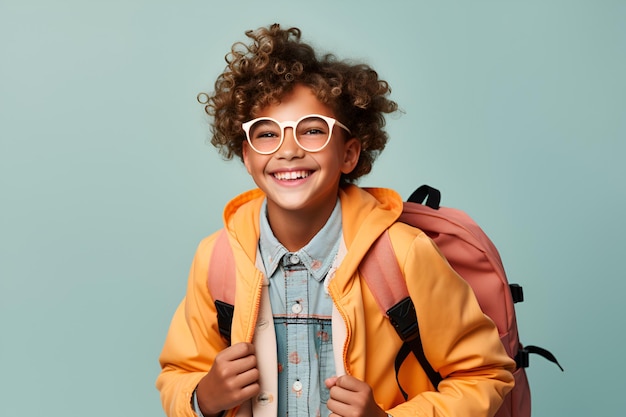 Happy school boy in glasses with backpack with plain color background Elementary school Education Generative AI