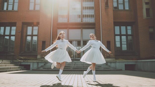 Photo happy school girls dancing in front of school building