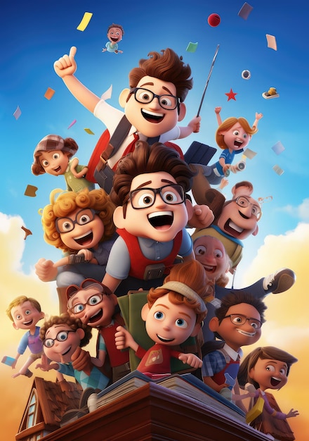 Happy school squad colorful 3d character poster showcasing friends funfilled moments as they gear up for school