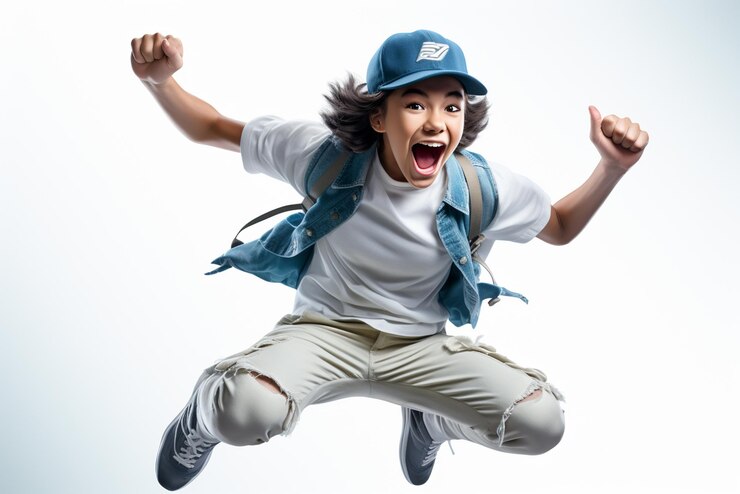 A happy school student boy jumping