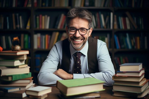 Foto insegnante di scuola felice in classe torna a scuola uomo sorridente sullo sfondo dei libri