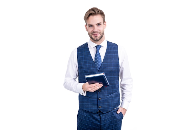 Happy school teacher hold book wearing formal wear isolated on white, education.