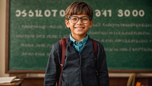 Счастливый школьник в очках на фонной доске