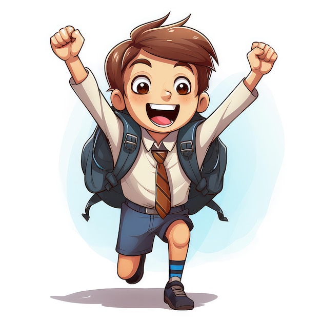 Photo happy schoolboy with backpack running and raising his hands cartoon style