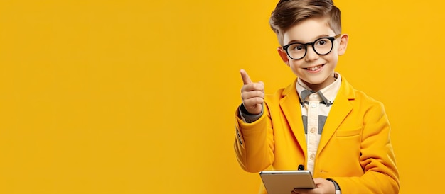 写真 黄色の背景に空のスペースを指してメガネ タブレットとバックパックを持つ幸せな男子生徒子供向け教育アプリ