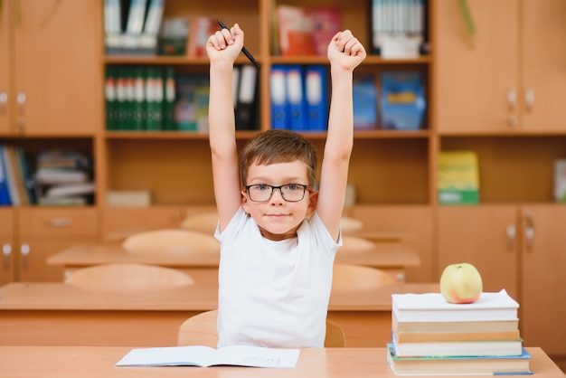 Happy schoolboys sitting at desk, classroom