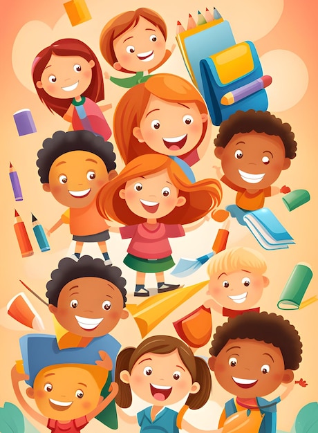 Happy schoolchildren in cartoon style