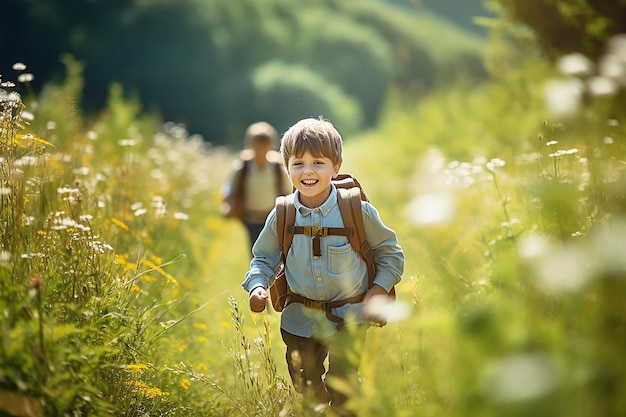 Happy schoolchildren in nature