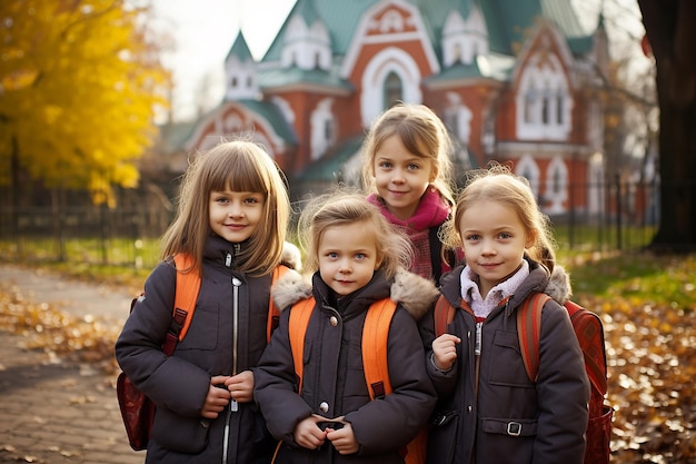 Happy schoolchildren in nature