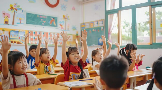 Photo happy schoolchildren raise their hands in a classroom