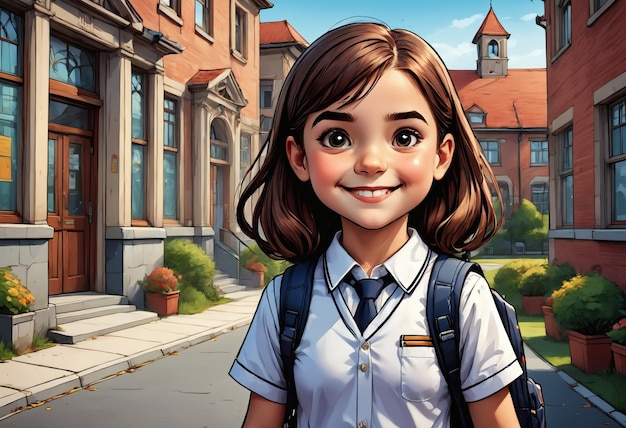 Happy schoolgirl in school uniform with backpack Generative AI