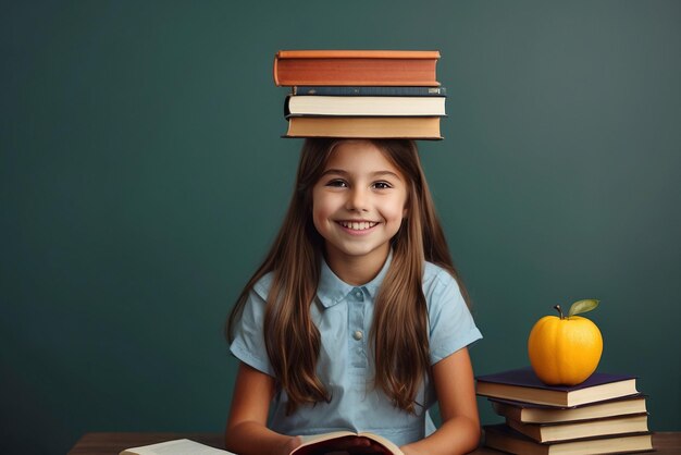 happy schoolgirl with book on head