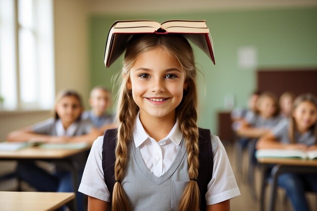 happy schoolgirl with book on head