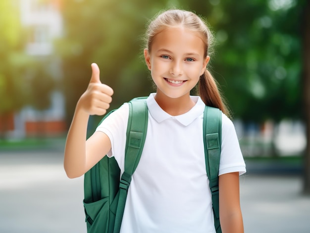 Фото Счастливая школьница с школьной сумкой пальцы вверх на школьном дворе обратно в школу генеративный ай