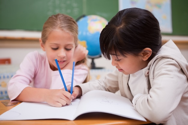 Happy schoolgirls doing classwork