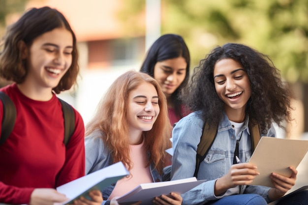 学校の庭で休憩している幸せな女子生徒