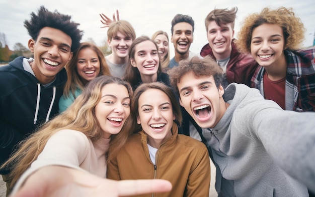 Happy Selfie Moment Grote groep vrienden die samen glimlachen