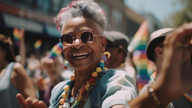 Happy senior African American woman with grey hair at gay pride parade Pride month celebration LGBTQ rainbow flag Generative Ai