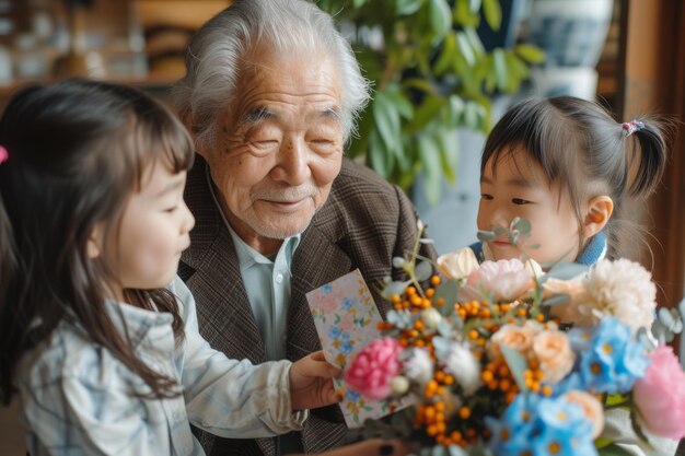 Happy senior Asian woman receives presents from her grandchildren Children make their grandmother a birthday surprise Little kids give their grandma a gift card and a bouquet of flowers