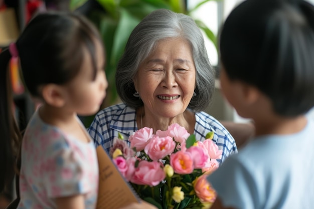 幸せなアジア人女性は孫からプレゼントを受け取ります子供たちは祖母に誕生日サプライズを作ります小さな子供たちは祖父にギフトカードと花束を贈ります