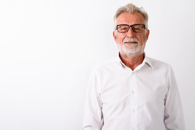 happy senior bearded man smiling with eyeglasses on white