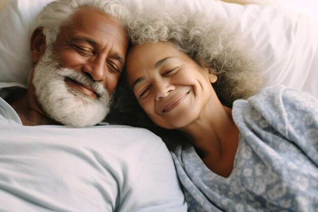 Photo happy senior biracial couple lying in bed and embracing at home