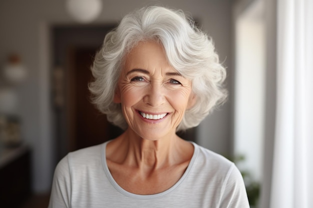 Photo happy senior blond old woman looking at camera with beautiful toothy smile close up front head shot portrait