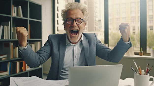Фото Счастливый пожилой бизнесмен в костюме празднует успех на работе, неся бумаги и глядя на ноутбук на рабочем месте генеративный ии хвалят